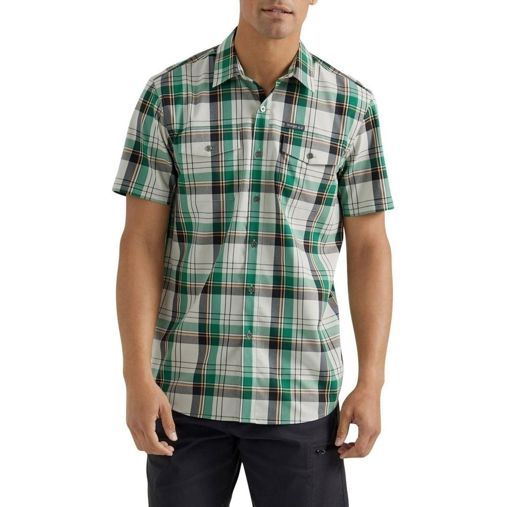 NWT Wrangler Short Sleeve Plaid Outdoor Utility Shirt-Green Black-XL